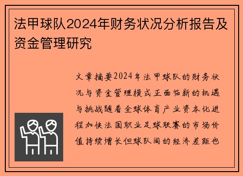 法甲球队2024年财务状况分析报告及资金管理研究